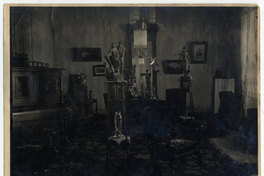 Plano general de un salón: un piano, cuadros, pequeñas esculturas sobre peana, finos muebles, en la ventana, la figura de un hombre junto a una cámara fotográfica.