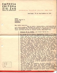 [Carta], 1941 sept. 30 Santiago, [Chile a] Oscar Castro Z.  [manuscrito] Empresa Editora Zig-Zag S.A., Jefe Sección Propaganda.