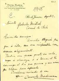 [Carta] [1945?] ago. 9, Río de Janeiro [a] Gabriela Mistral, Consul de Chile