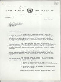 [Carta] 1948 ago. 17, New York, [Estados Unidos] [a] Señora Gabriela Mistral, Chilean Consulate Los Angeles, California
