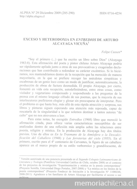Exceso y heterodoxia en Entredios de Arturo Alcayaga Vicuña