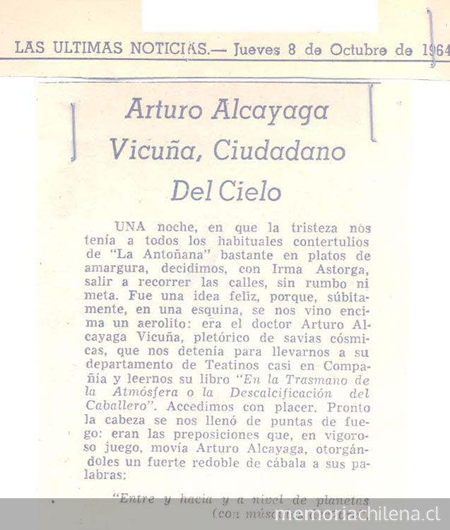 Arturo Alcayaga Vicuña, ciudadano del cielo