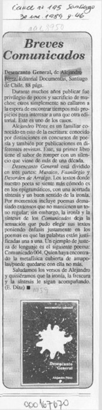 Breves comunicados  [artículo] E. Díaz.