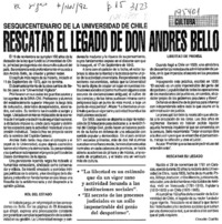 Rescatar el legado de don Andrés Bello  [artículo] Claudio Castillo.