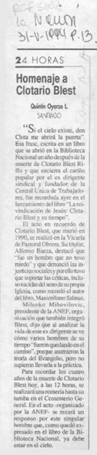 Homenaje a Clotario Blest  [artículo] Quintín Oyarzo L.