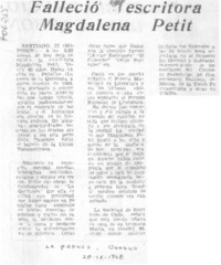 Falleció escritora Magdalena Petit.