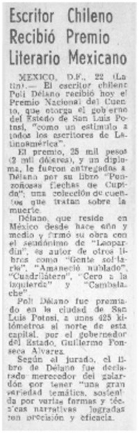 Escritor chileno recibió Premio Literario Mexicano.