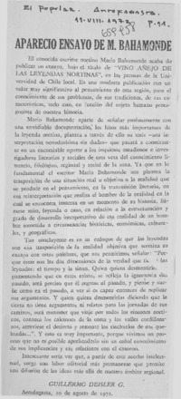 Apareció ensayo de M. Bahamonde  [artículo] Guillermo Deisler G.