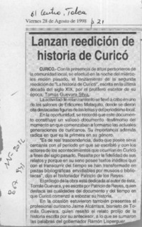 Lanzan reedición de historia de Curicó  [artículo].