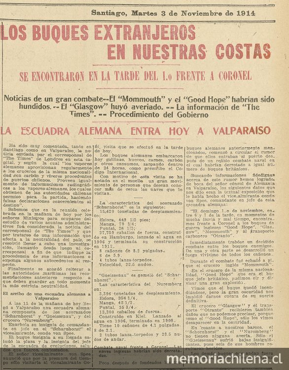Los buques extranjeros en nuestra costas". Las Últimas Noticias, 3 de noviembre de 1914,p.1. Costado derecho.