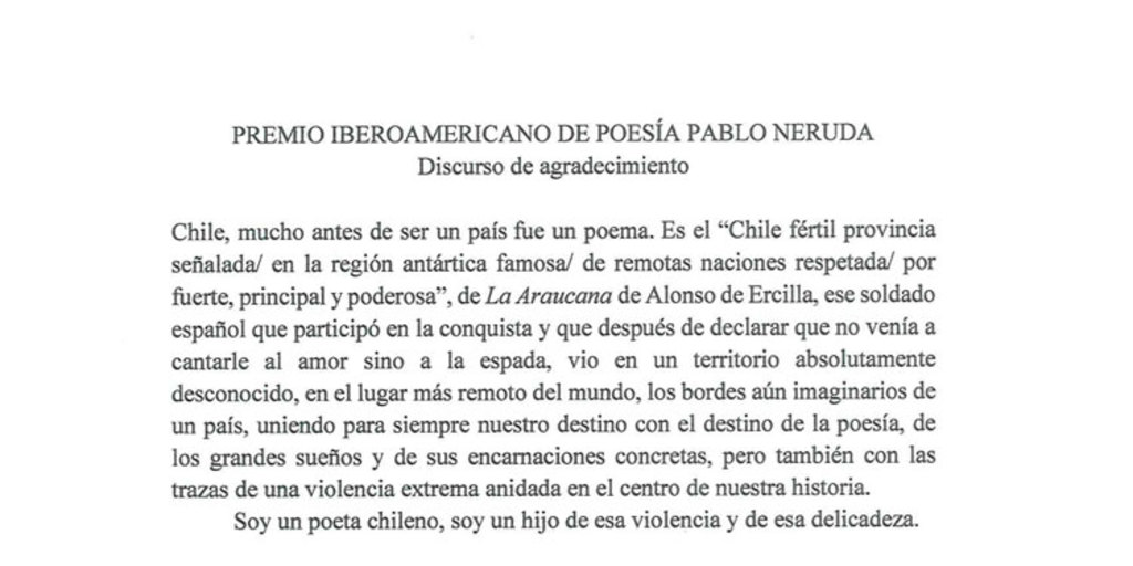 Premio Iberoamericano de Poesía Pablo Neruda. Discurso de agradecimiento