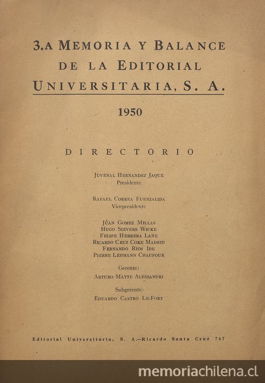 3.a memoria y balance de la Editorial Universitaria, S.A. : 1950