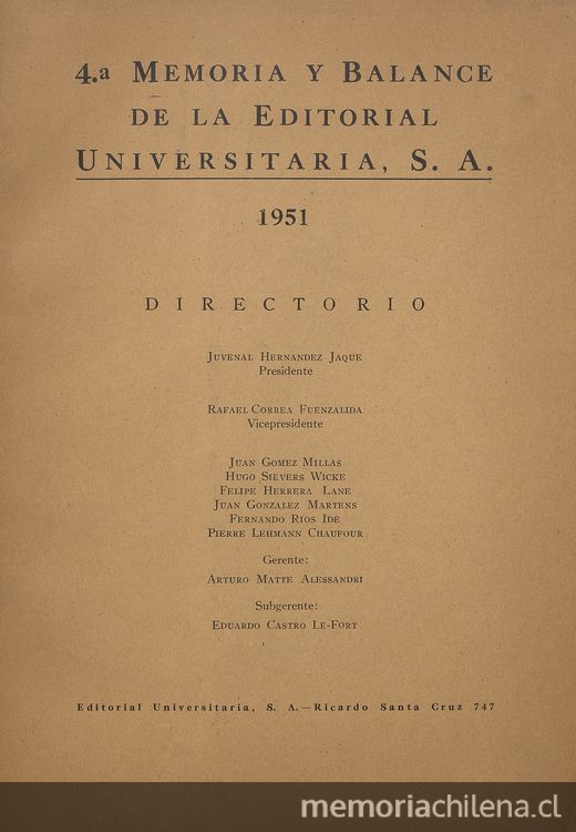 4.a memoria y balance de la Editorial Universitaria, S.A. : 1951