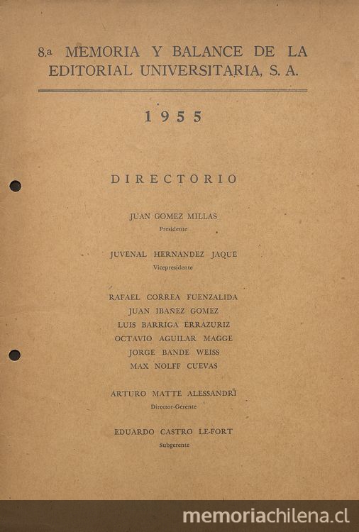 8.a memoria y balance de la Editorial Universitaria, S.A. : 1955