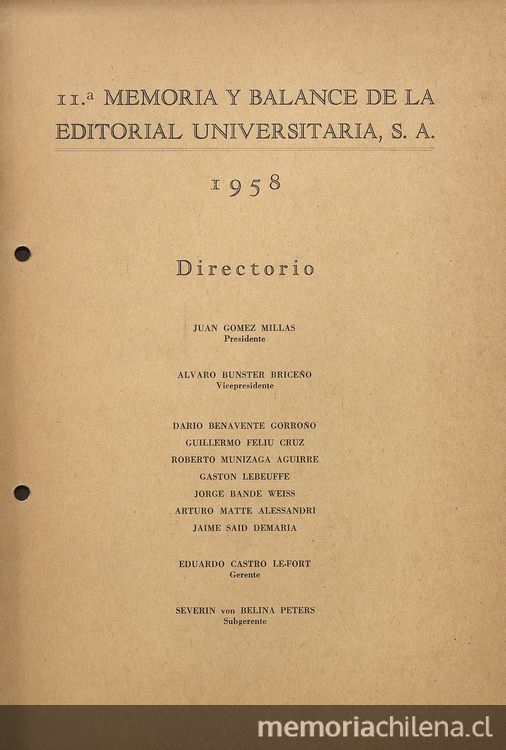 11.a memoria y balance de la Editorial Universitaria, S.A. : 1958