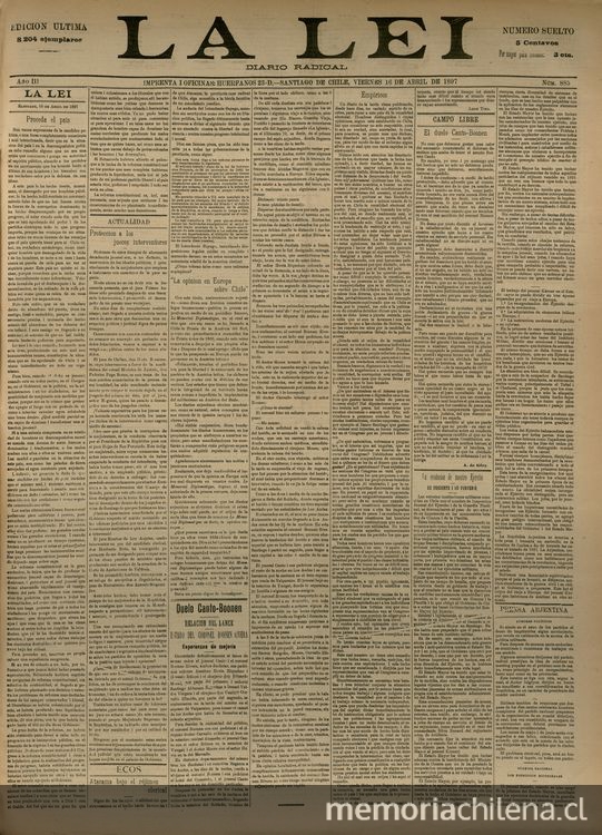 La Lei. Diario Radical. Año III, número 885, Santiago de Chile, viernes 16 de abril de 1897