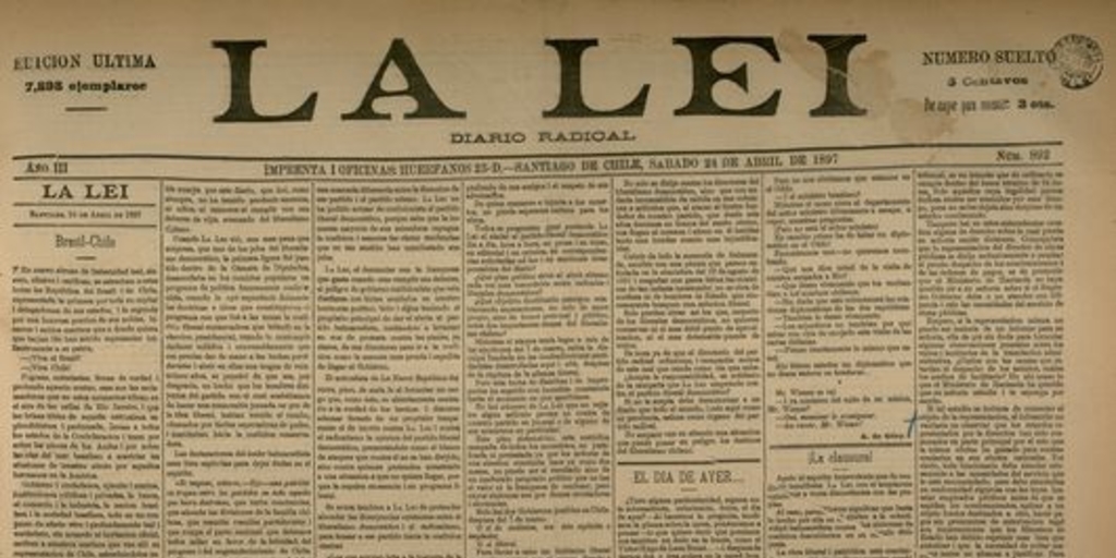 La Lei. Diario Radical. Año III, número 892, Santiago de Chile, sábado 24 de abril de 1897