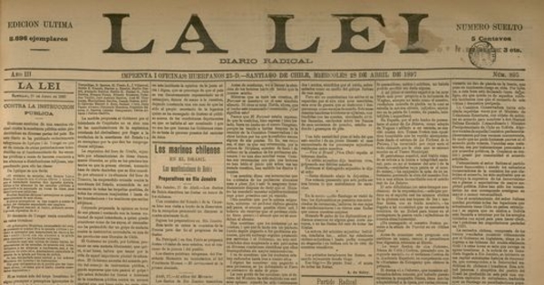 La Lei. Diario Radical. Año III, número 895, Santiago de Chile, miércoles 28 de abril de 1897