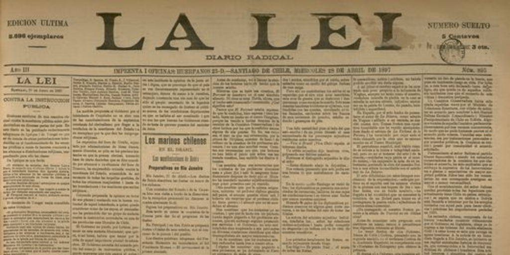 La Lei. Diario Radical. Año III, número 895, Santiago de Chile, miércoles 28 de abril de 1897