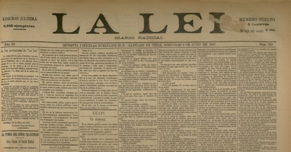 La Lei. Diario Radical. Año III, número 925, Santiago de Chile, miércoles 2 de junio de 1897