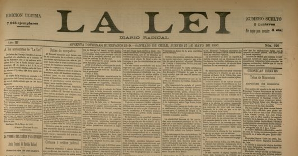 La Lei. Diario Radical. Año III, número 920, Santiago de Chile, jueves 27 de mayo de 1897