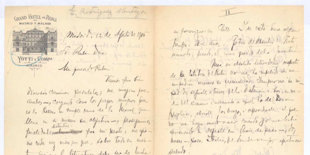 [Carta], 1905 ago. 12 Madrid, España Rubén Darío [manuscrito]