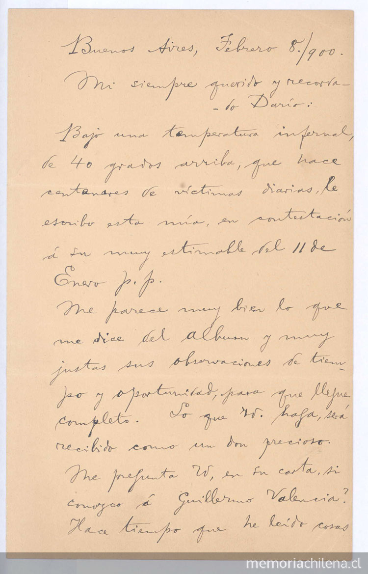 [Carta], 1900 feb. 8 Buenos Aires, Argentina <a> Rubén Darío [manuscrito]