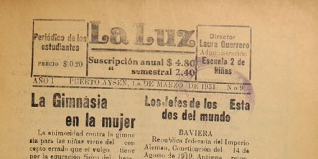 La Luz. Escuela N.º 2 de Niñas, Puerto Aysén, Año 1, N.º 9, 1 de Marzo de 1931, página 2.