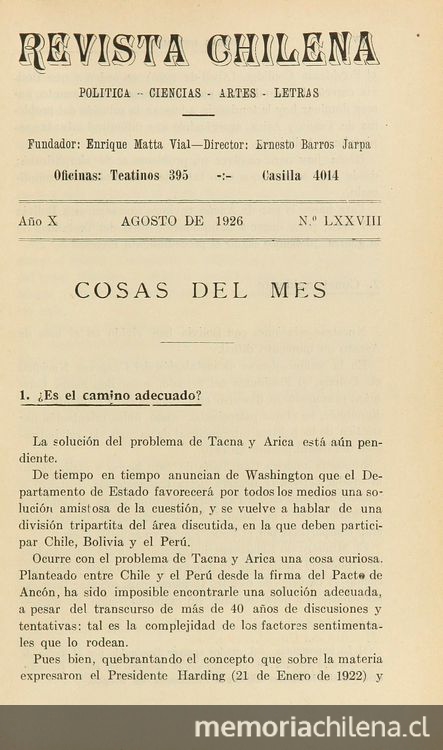 Revista chilena: año 10, número 78, agosto de 1926