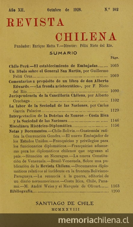 Revista Chilena. Año 12, número 102, octubre de 1928