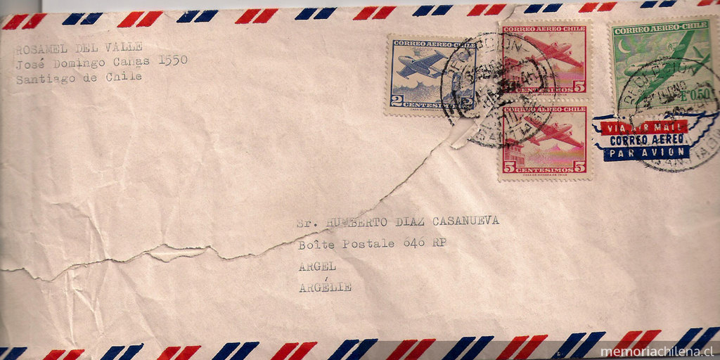 Sobre de la última carta que Rosamel del Valle envió a Humberto Díaz Casanueva