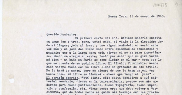 [Carta] 1960 enero 13, Nueva York [a] Humberto Díaz-Casanueva[manuscrito]