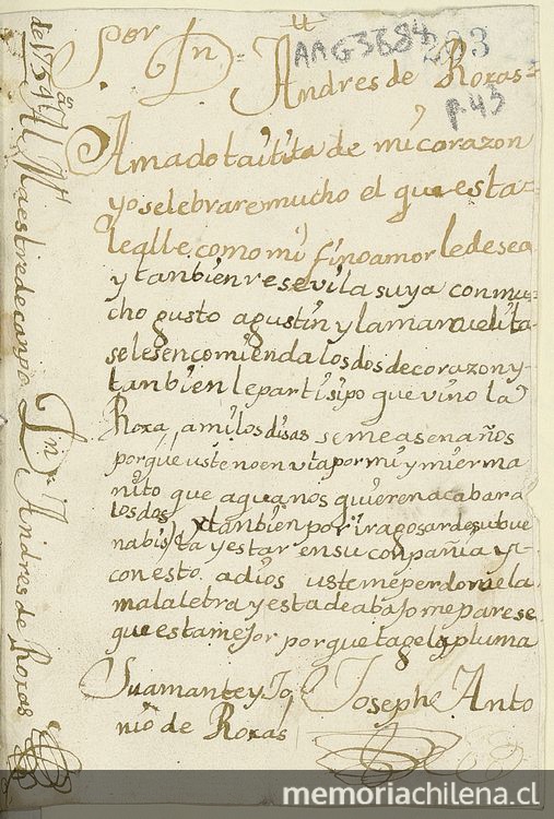[Carta] 1754 al Maestre de Campo Dn. Andrés de Roxas[manuscrito]