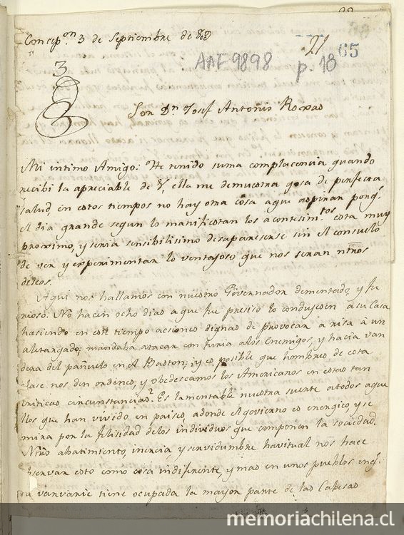 [Carta] 1809 Sep. 3, Concepción [al] Sor.Dn. Josef Antonio Roxas[manuscrito]