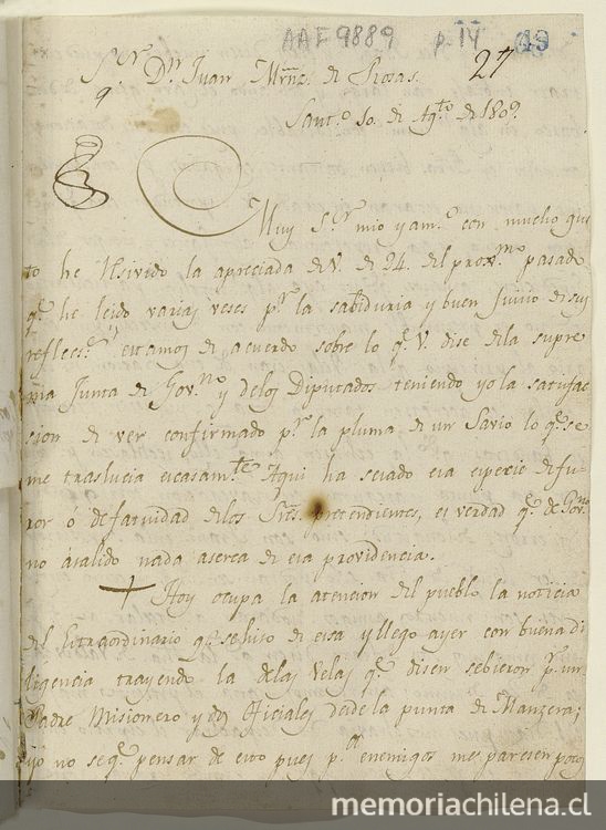 [Carta] 1809 Ago. 10, Santiago [al] Sr. Dn. Juan Muñoz de Rosas