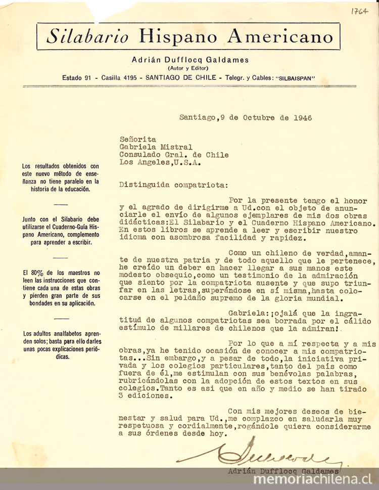 [Carta] 1946 oct. 9, Santiago, Chile [a] Gabriela Mistral, Los Angeles de California, [Estados Unidos][manuscrito]