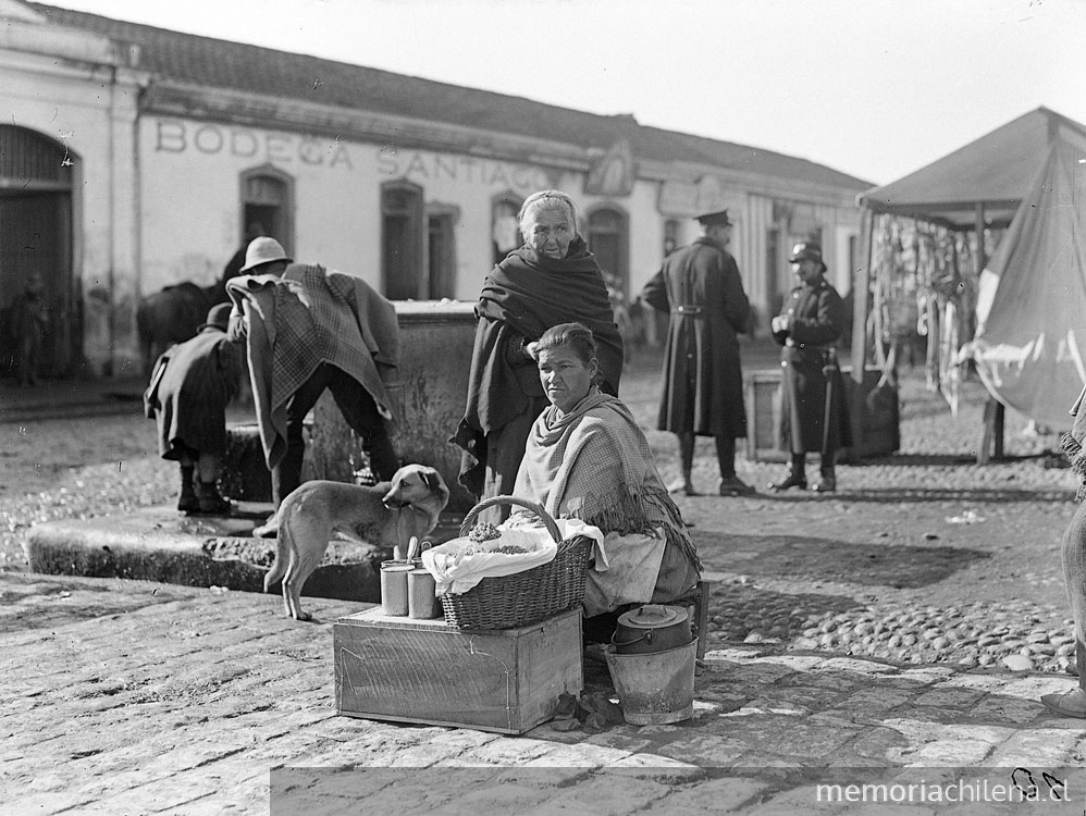 Mujer feriante sentada en un piso de mimbre con un canasto y su perro