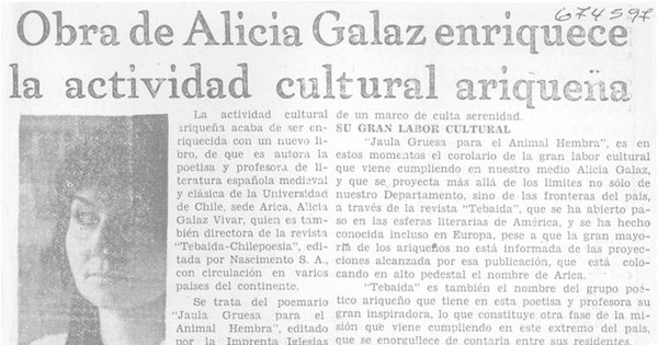 Obra de Alicia Galaz enriquece la actividad cultural ariqueña