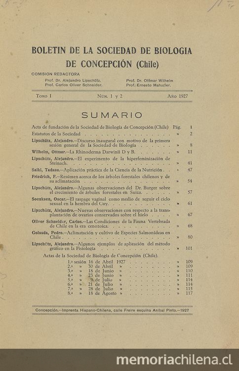 El experimento de la hiperfeminización de Steinach. Boletín Sociedad de Biología de Concepción (Chile) Tomo 1. 1927