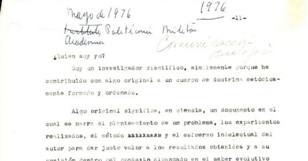 ¿Quién soy yo? Academia Politécnica Militar (1976, mayo). Archivo personal Joaquín Luco