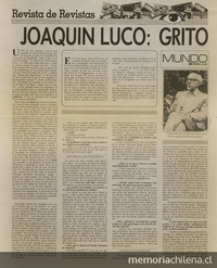 Joaquín Luco: Grito de Libertad. Revista de Revistas. Las Últimas Noticias, Santiago, 14 de octubre de 1984.