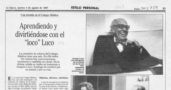 Aprendiendo y divirtiéndose con el "loco" Luco. La Época, Santiago, 4 de agosto de 1987