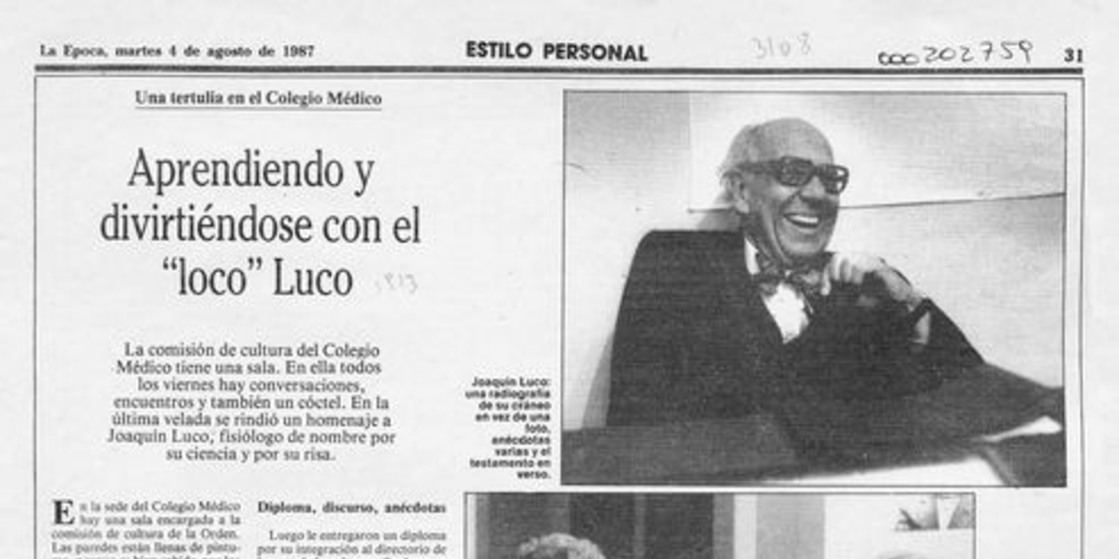 Aprendiendo y divirtiéndose con el "loco" Luco. La Época, Santiago, 4 de agosto de 1987