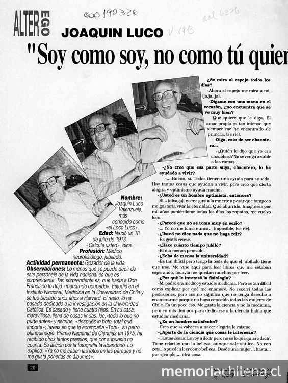 Joaquín Luco "Soy como soy, no como tú quieres, qué culpa". Análisis, nº 409, Santiago, 3 de febrero 1992.