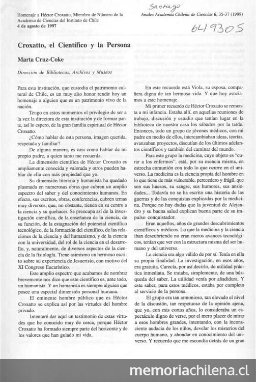 Croxatto, el científico y la persona. Anales Academia Chilena de Ciencias, nº 6, (1999)