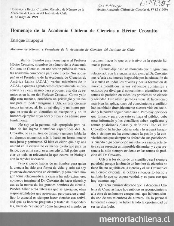 Homenaje de la Academia Chilena de Ciencias a Héctor Croxatto. Anales Academia Chilena de Ciencias, nº 6, (1999)