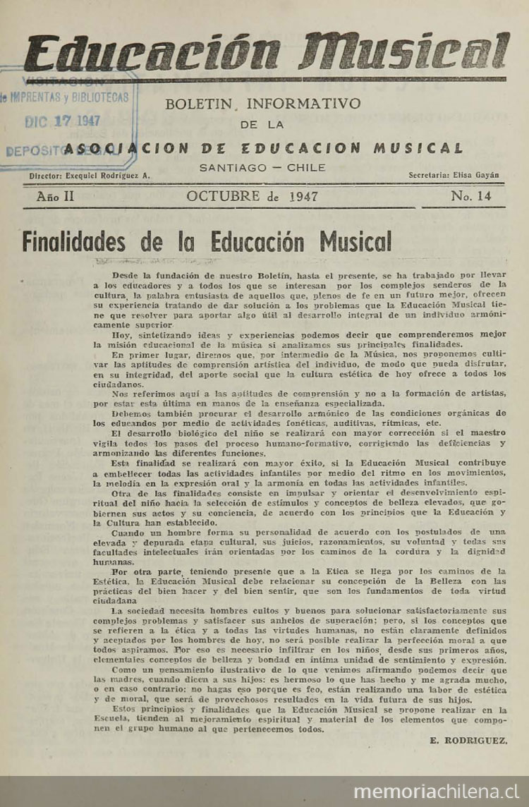 Educación musical: año II, número 14, octubre de 1947