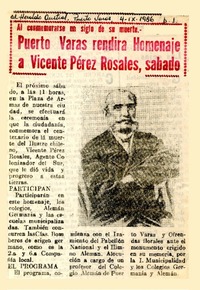Puerto Varas rendirá homenaje a Vicente Pérez Rosales, sábado  [artículo].