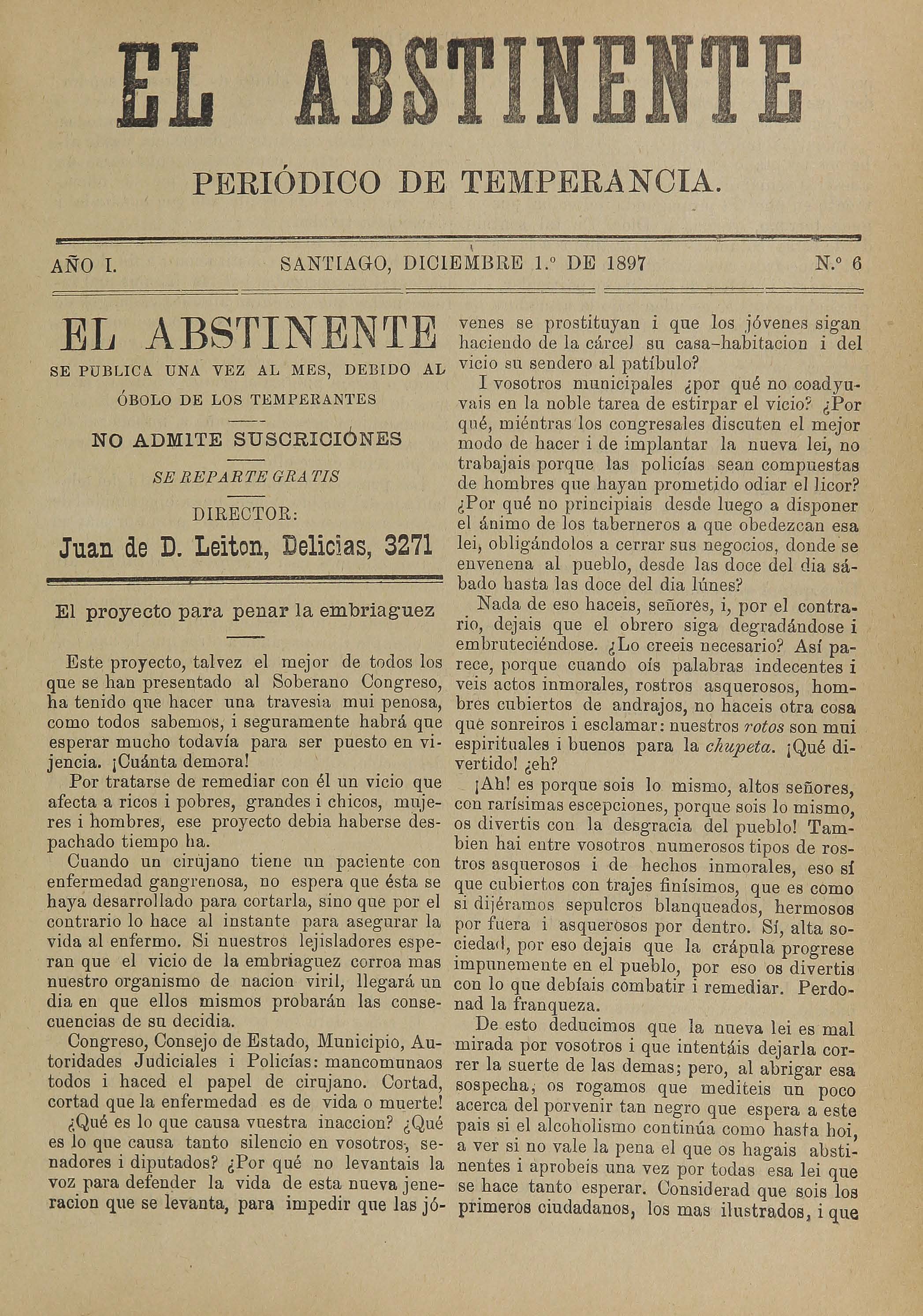 El Abstinente Año I: nº6, 1 de diciembre de 1897