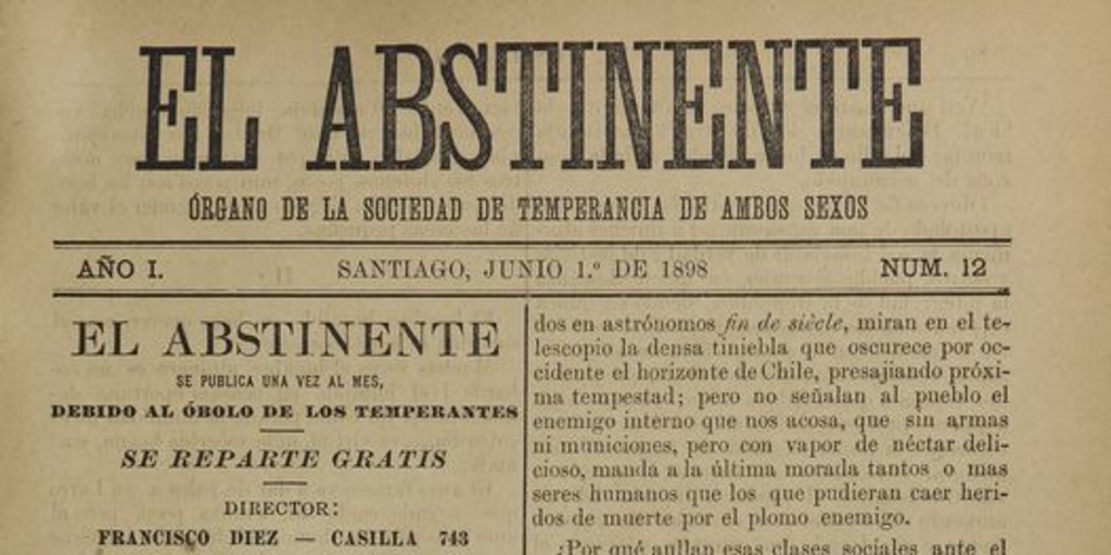 El Abstinente Año I: nº12, 1 de junio de 1898